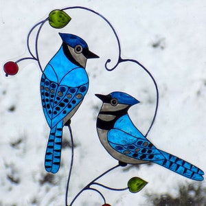 Pájaros arrendajos azules para ventana con efecto vitral, decoración para el Día de San Valentín