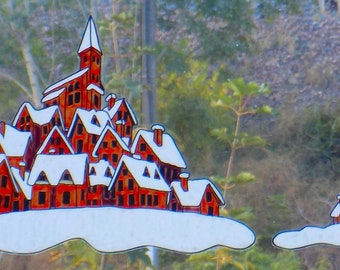 wicoart sticker window color cling stained glass vitrail art Christmas set of 2 villages in the snow