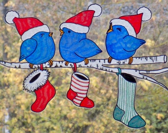 wicoart sticker window color cling stained glass vitrail art Christmas bleus birds