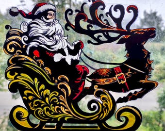 wicoart sticker window cling stained glass effect Christmas Santa sleigh