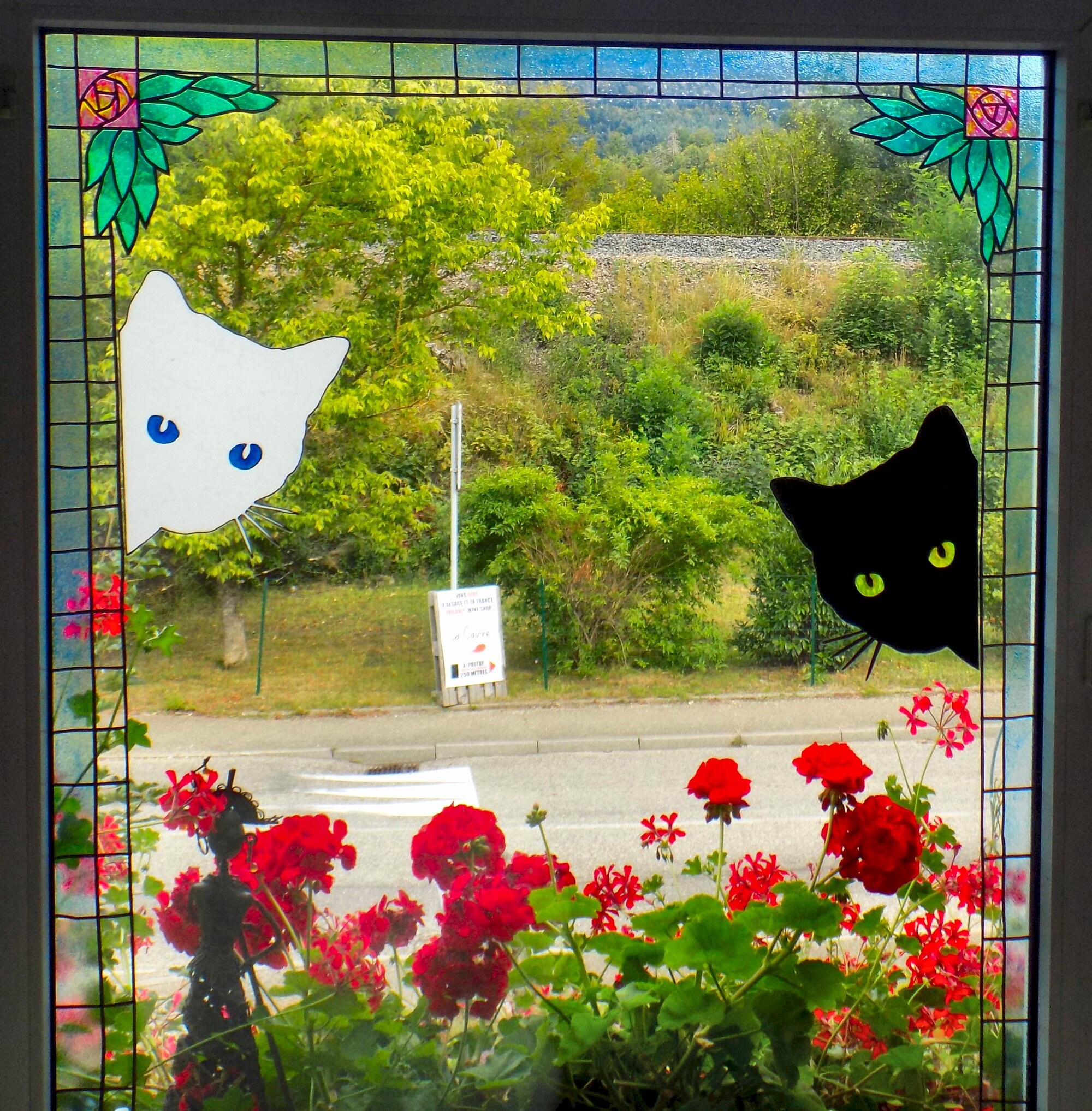 Wicoart Sticker Window Color Cling Vitrail Stained Glass Decal Handpainted Set 2 Angles Chat Blanc e