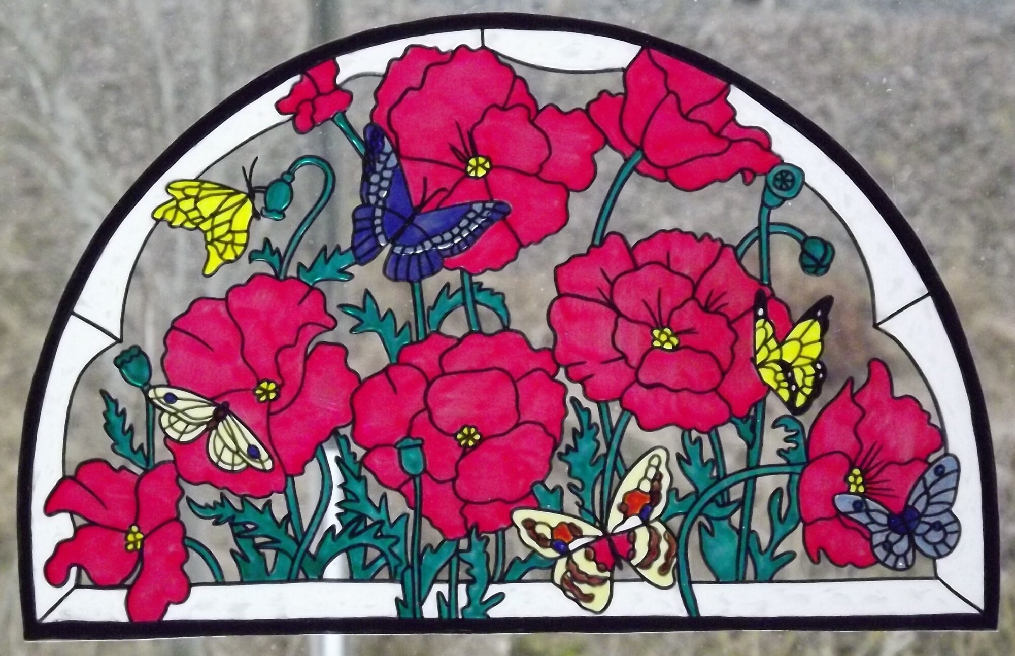 Wicoart Sticker Window Color Cling Vitrail Stained Glass Decal Handpainted Demi Arche Coquelicots