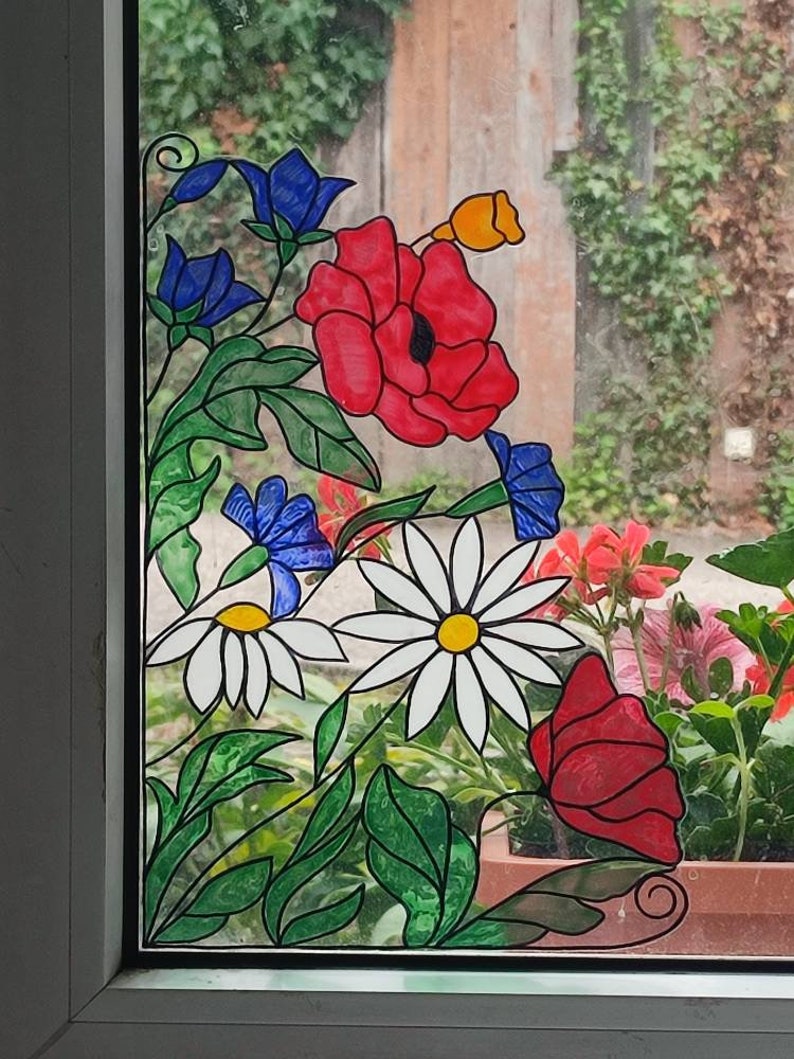 wicoart sticker window cling stained glass vitrail decal wild flowers corner image 2