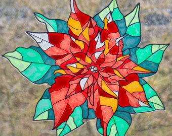 wicoart sticker window color cling stained glass vitrail art Christmas poinsettia
