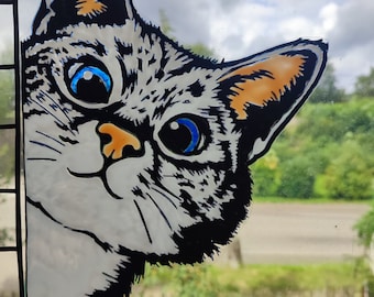wicoart sticker window color cling vitrail stained glass decal handpainted peeking cat portrait