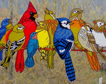Hand Painted Birds Window Cling Stained Glass Suncatcher (16x12 inches)
