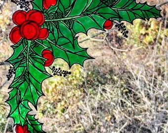 Handmade Stained Glass Effect Window Cling  Christmas Holly Corner Decor