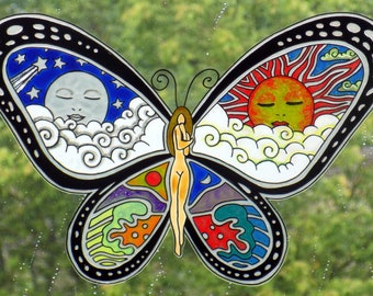 wicoart sticker window cling stained glass papillon jour et nuit