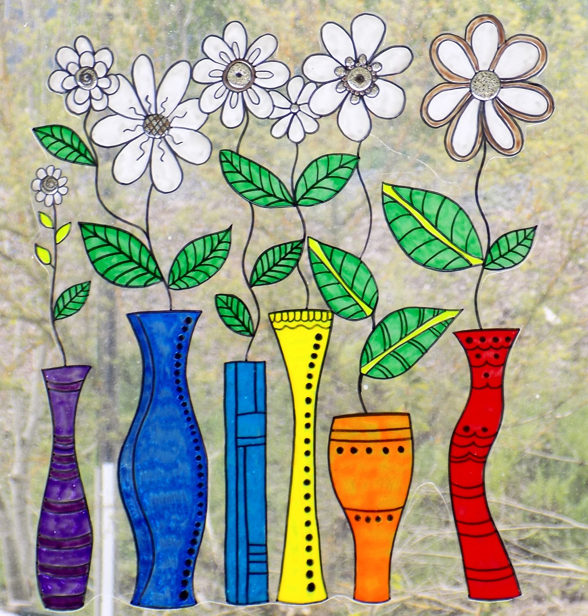 Wicoart Sticker Window Cling Faux Stained Glass Vases de Fleurs Art Moderne 35x30 cm 13x8 Inches