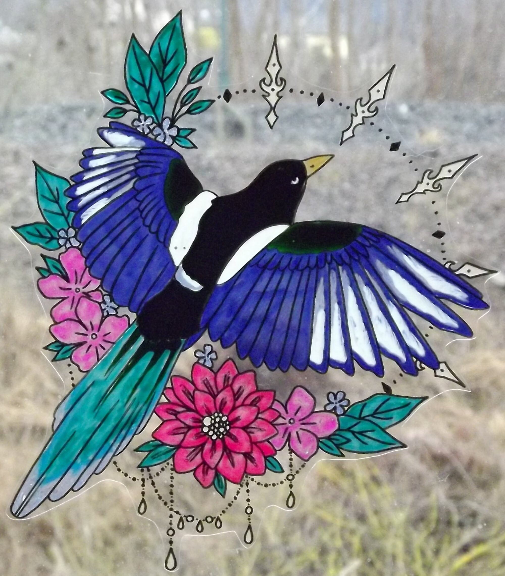 Wicoart Sticker Window Cling Stained Glass Vitrail Geai Oiseau