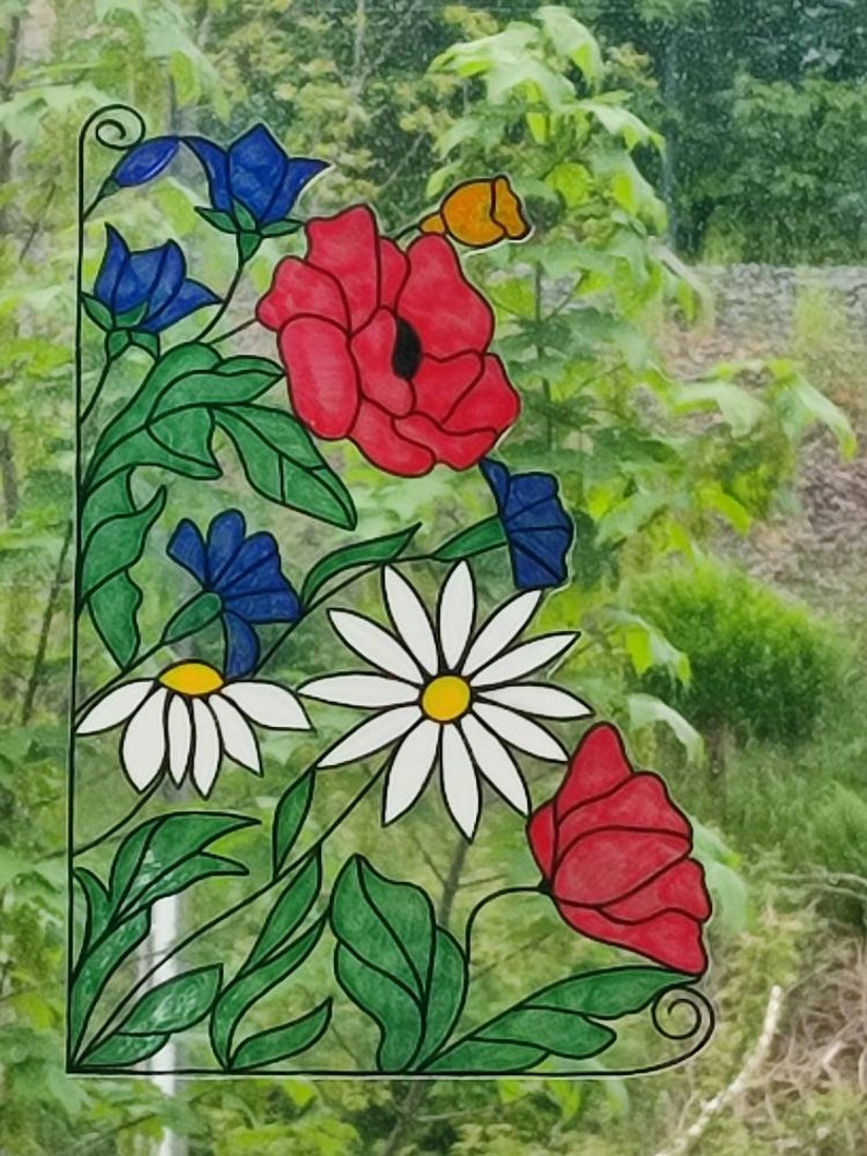 wicoart sticker window cling stained glass vitrail decal wild flowers corner image 4