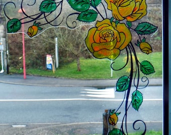 Adhesivo para ventana Wicoart, vidriera, rosa, estilo art nouveau, esquina