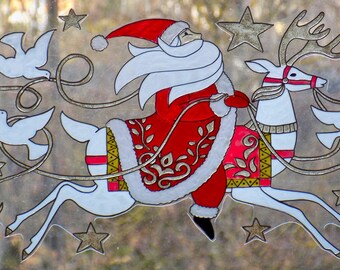wicoart sticker window cling stained glass vitrail ooak suncatcher christmas santa on his reideer