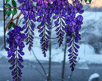 Hand Painted glicine Wisteria Window Cling sticker Stained Glass look decal