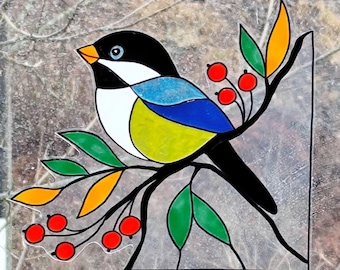wicoart sticker window cling stained glass look lot of 2 corners birds chickadee