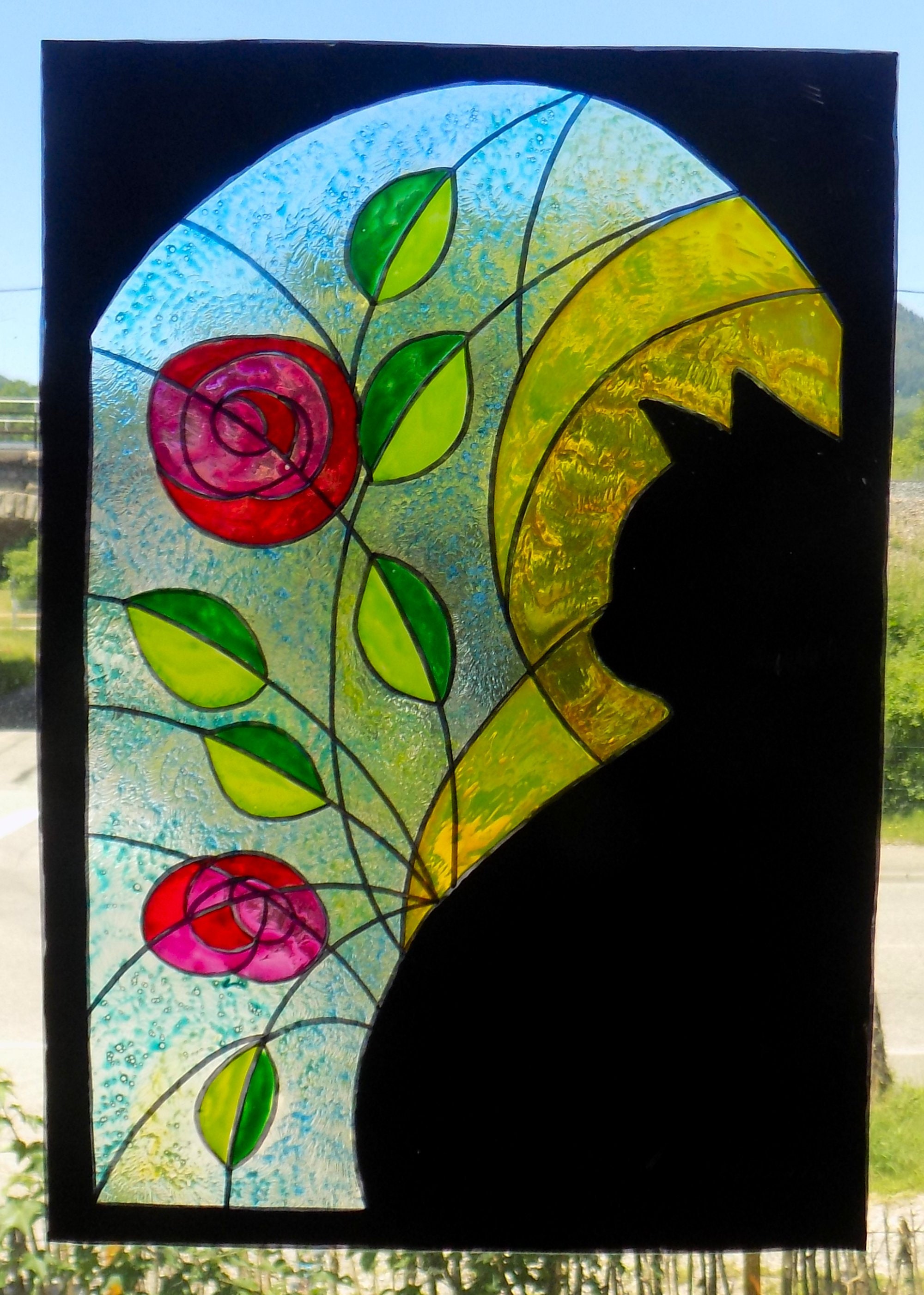Wicoart Sticker Window Color Cling Vitrail Stained Glass Decal Handpainted Chat et Roses