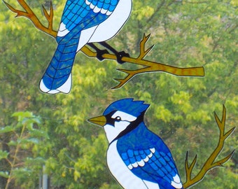 Blue Jay Stained Glass Effect Window Cling  Handmade Bird Art