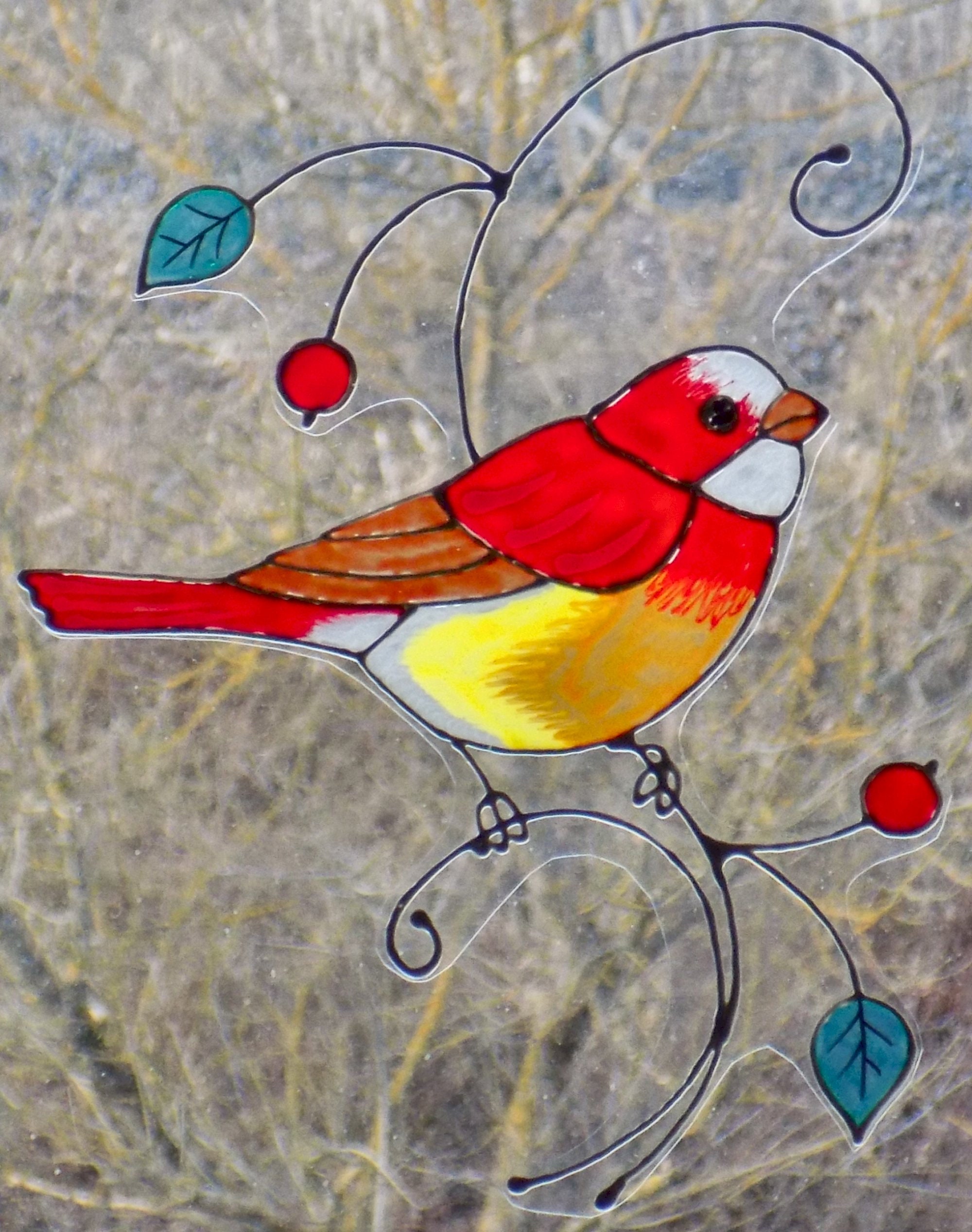 Wicoart Sticker Window Cling Stained Glass Vitrail Suncatcher Oiseau Rouge Gorge