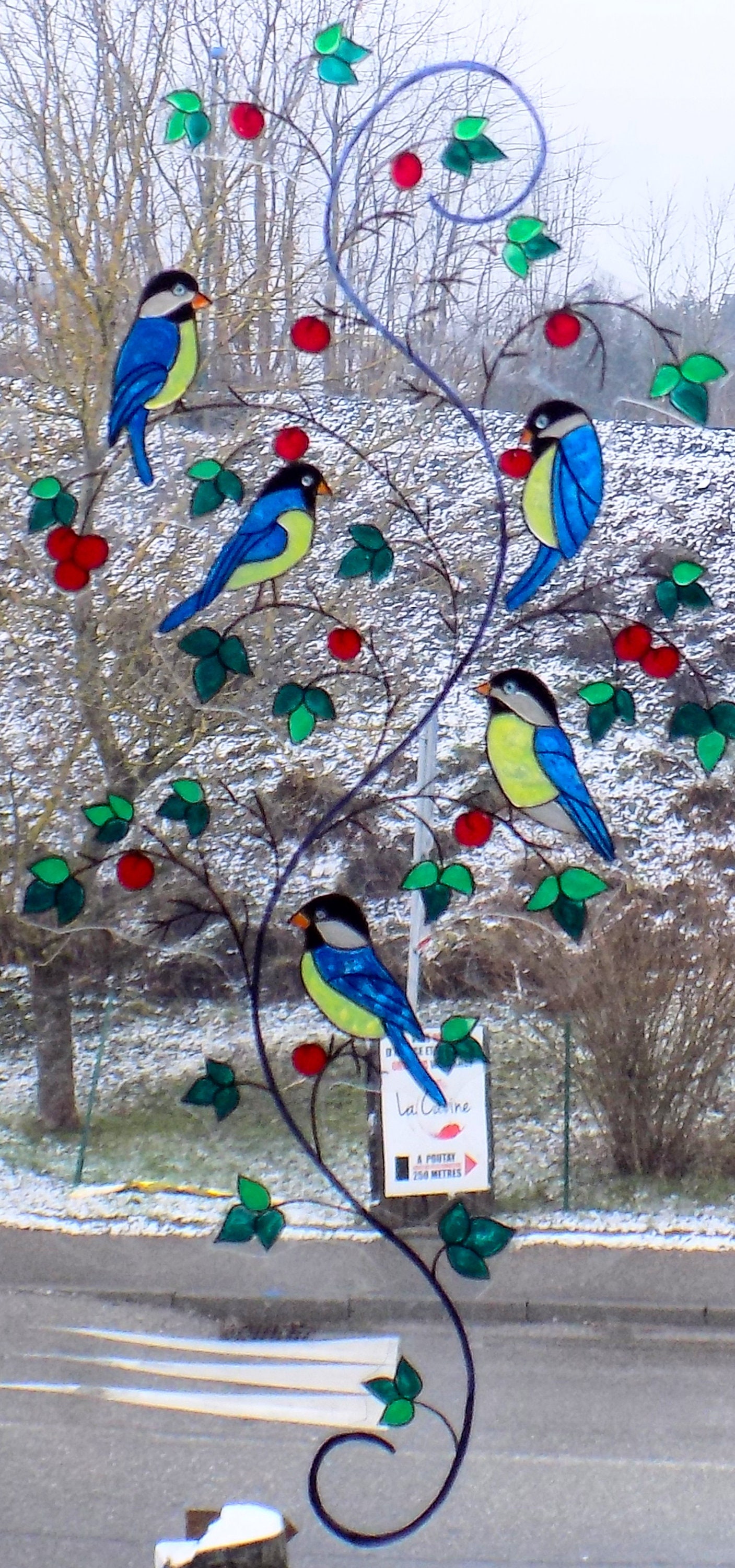 Set De 4 Stickers Vitrail Oiseaux Noël - Décor Amovible Pour Fenêtre, Fait Main, Bleu/blanc