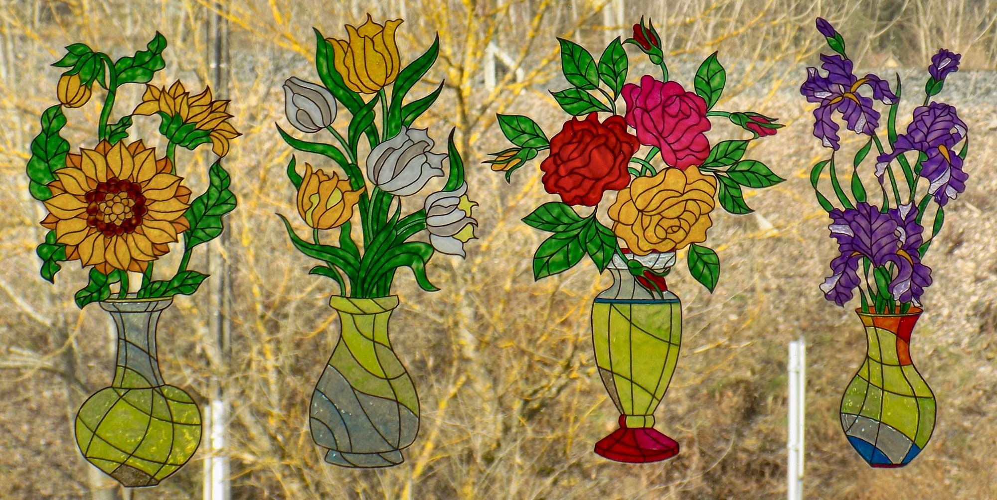 Wicoart Sticker Window Cling Faux Stained Glass 4 Vases de Fleurs 30x20 cm Chaque