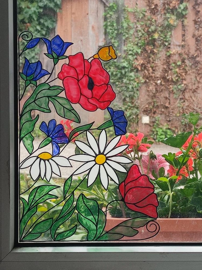 wicoart sticker window cling stained glass vitrail decal wild flowers corner image 3