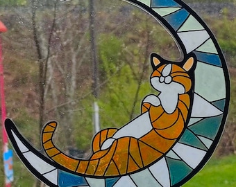 wicoart sticker window color cling stained glass vitrail handpainted decal cat on the moon