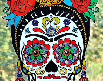 wicoart sticker window color cling stained glass vitrail handpainted decal halloween fall sugar skull Frida Kahlo dia de los muertos