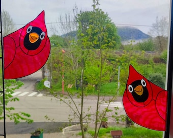 wicoart sticker window cling stained glass vitrail ooak peeking birds cardinals set of 2