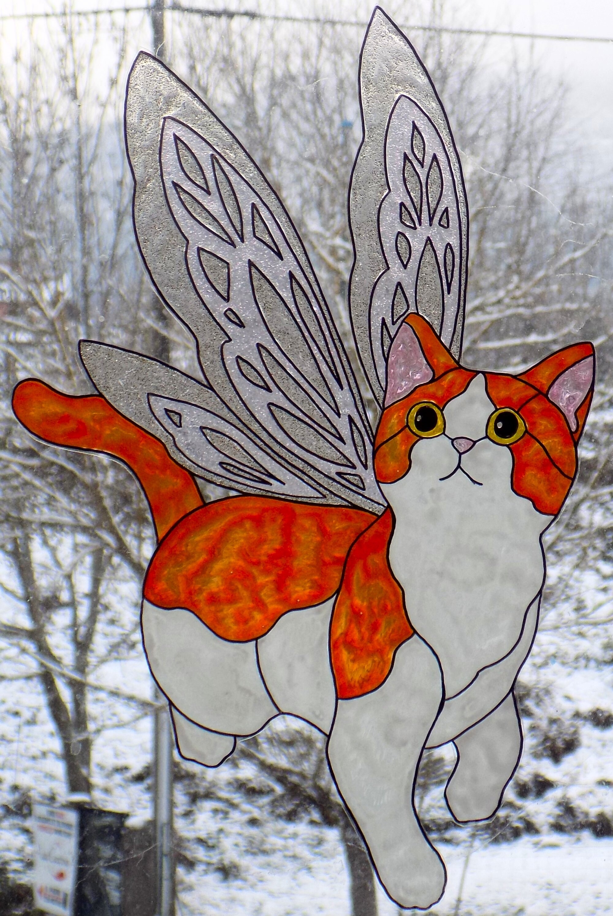 Wicoart Sticker Window Cling Stained Glass Art Chat Ailée 3