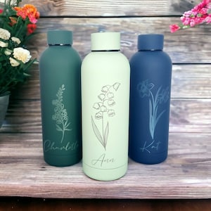 Personalised Birth Flower Engraved Name Thermal  Birthday Gift Wedding