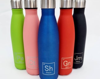 Personalised name thermal water bottle periodic table elements engraved
