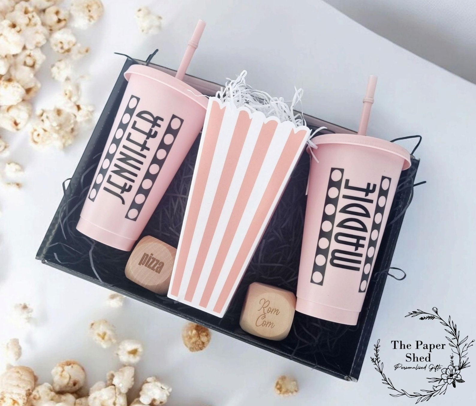 Personalised Movie/Film night / date night/ hamper, box, popcorn, name, cinema, tumbler, drink, cup, dice, couple gift, birthday, dice