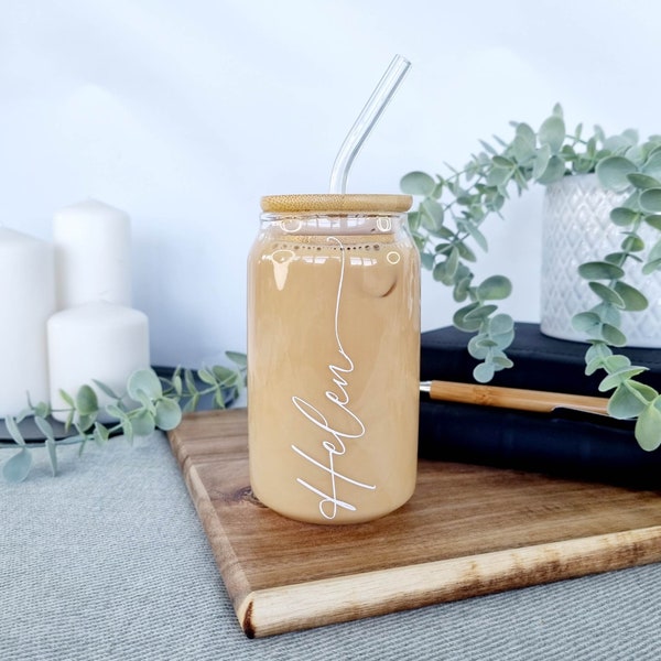 Personalised Coffee Can Shaped Glass with Bamboo Lid and glass Straw, Iced Coffee Glass, 12oz Cup, Lid and Straw, Coffee Lovers Gift libby