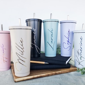 Pastel tall 500ml insulated personalised tumbler with lid and Silver straw cold cup