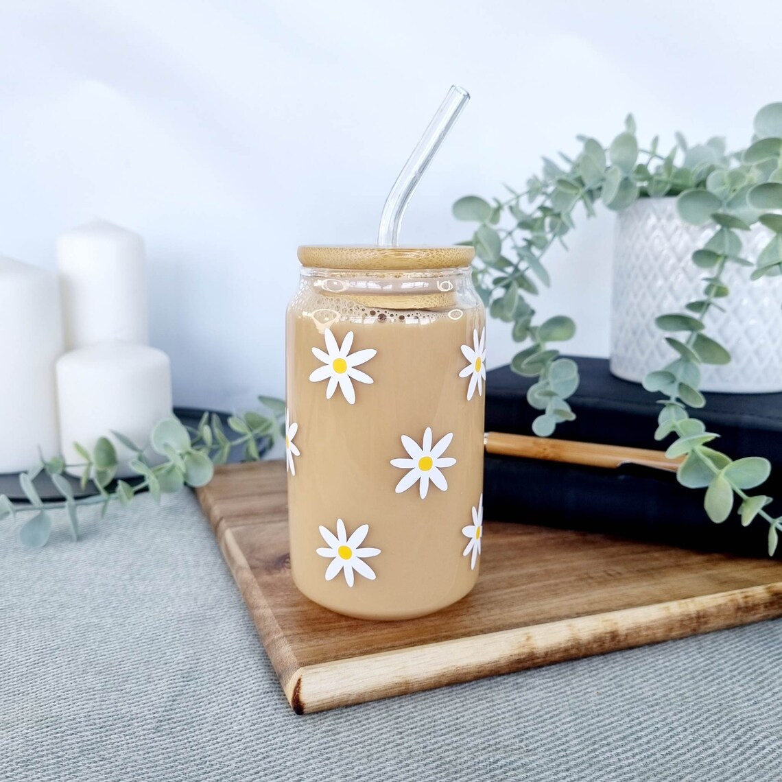 Daisy Coffee Can Shaped Glass With Bamboo Lid and Glass Straw, Iced ...