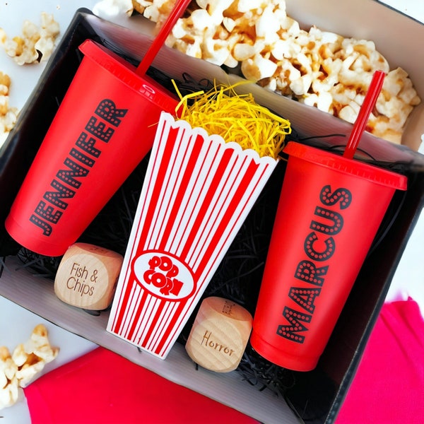 Personalised Movie/Film night / date night/ hamper, box, popcorn, name, cinema, tumbler, drink, cup, dice, couple gift, birthday, dice