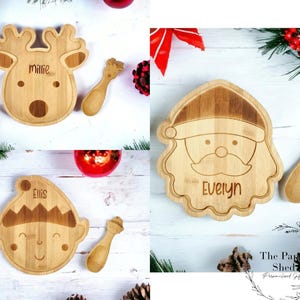 Wooden Engraved Christmas Plate Bamboo Santa Reindeer Elf