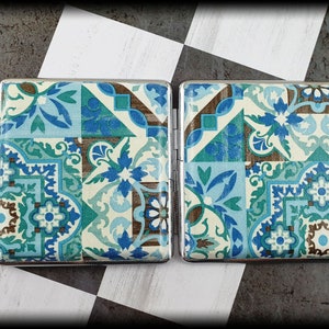 Metall Zigarettenhülle King Size Blue Ornament Design moderne Decoupage Technik