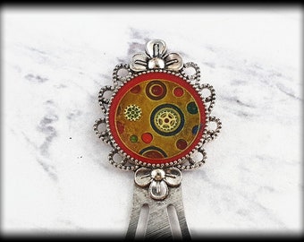 Silver Bookmark mandala design with steampunk elements, Unique metal bookmark