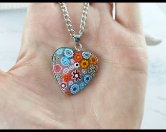 Murano necklace, Millefiori murano pendant Heart Murano Glass jewelry, Venetian necklace Millefiori