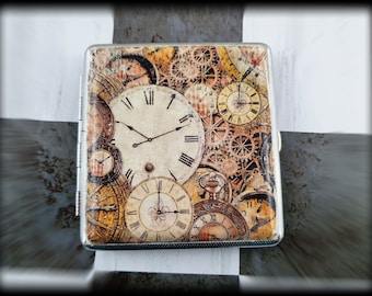 Cigarette case king size steampunk tobacco case clock work print cigarette holder