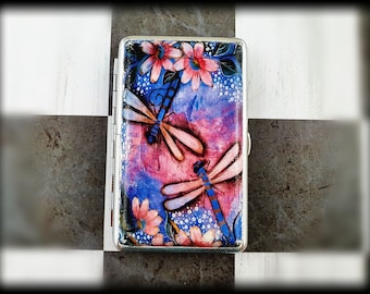 Modern Women cigarette case for 100s cigarettes colorful Dragonfly print