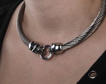 collar choker necklace stainless steel skull BDSM tightrope wire cable jewelry