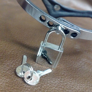 Halsband aus Edelstahl von Metall Geyer. Spitze Form mit großem Ring der O und schwarzem Lederfutter. Abschließbar