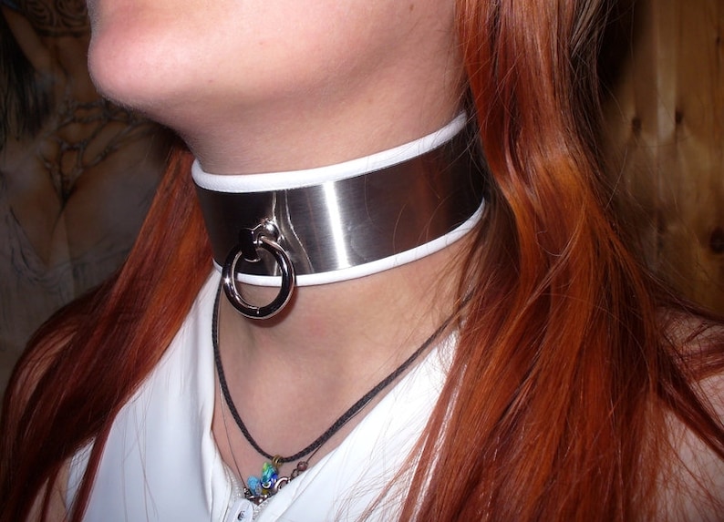 Stainless Steel collar BDSM genuine white leather choker necklace handcraft...