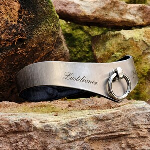 May include: A silver metal collar with a black leather backing. The collar has a ring on the side and the word "Lustdiener" engraved on the front.
