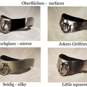 May include: Four silver collars with different surface finishes: mirror, Jokers Girlfriend, silky, and little squares. Each collar has a silver ring.