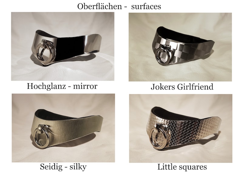 May include: Four silver collars with different surface finishes: mirror, Jokers Girlfriend, silky, and little squares. Each collar has a silver ring.