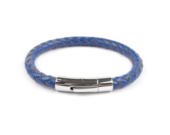 Blau Lederarmband. Echtes Leder. Geschenk für Ihn. Geflochtenes Armband. Minimalistischer Armreif für Ihn.