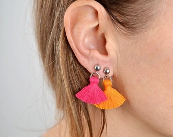 Orange Mini Tassel Earrings. Stud Tassel Earrings. Tiny Tassel Earrings. Short tassel earrings.  Tassel Stud Earrings. Earrings with tassel.